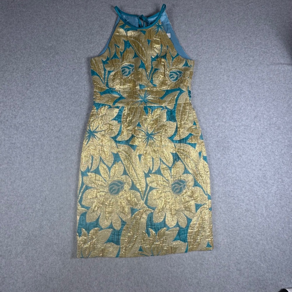 Trina Turk Gold Teal Floral Metallic Brocade Halter Sheath Cocktail Dress Small